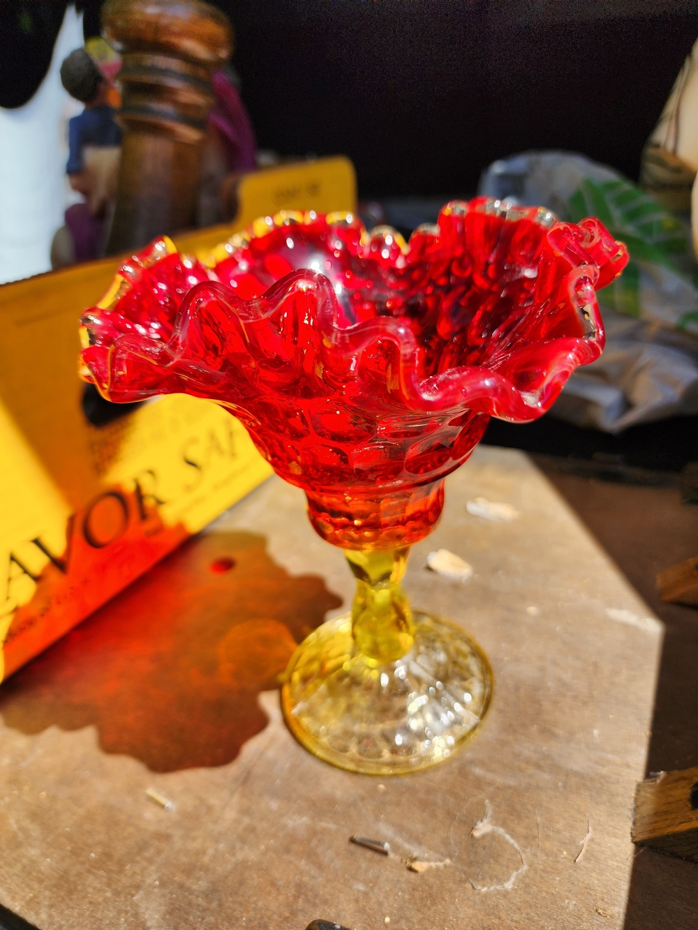 Vintage Fenton Ruffled Red Yellow Glass Amberina Compote